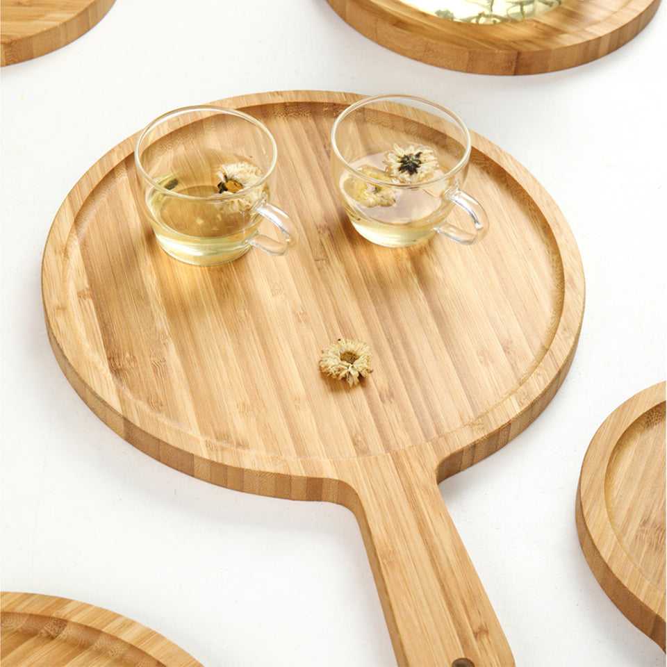 SOGA 2X 10 inch Blonde Round Premium Wooden Serving Tray Board Paddle with Handle Home Decor
