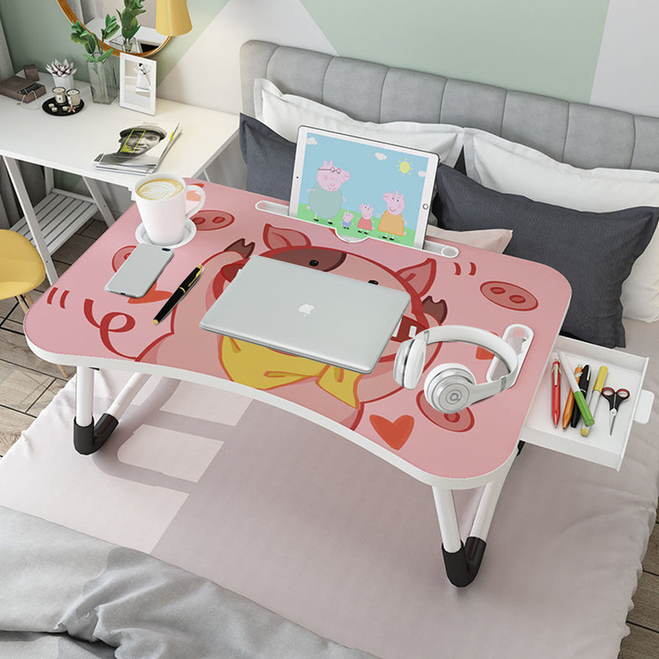 SOGA Cute Pig Design Portable Bed Table Adjustable Foldable Bed Sofa Study Table Laptop Mini Desk with Drawer and Cup Slot Home Decor