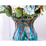 SOGA 85cm Blue Glass Tall Floor Vase and 12pcs Dark Pink Artificial Fake Flower Set