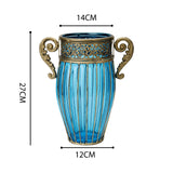 SOGA Blue European Colored Glass Home Decor Jar Flower Vase with Two Metal Handle
