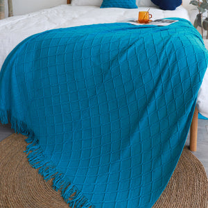 SOGA 2X Blue Diamond Pattern Knitted Throw Blanket Warm Cozy Woven Cover Couch Bed Sofa Home Decor with Tassels