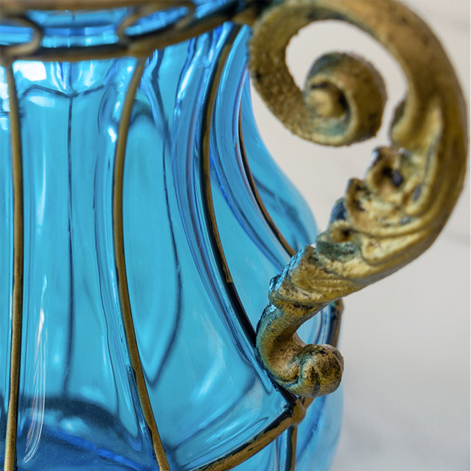 SOGA Blue Colored Glass Flower Vase with 4 Bunch 11 Heads Artificial Fake Silk Rose Home Decor Set