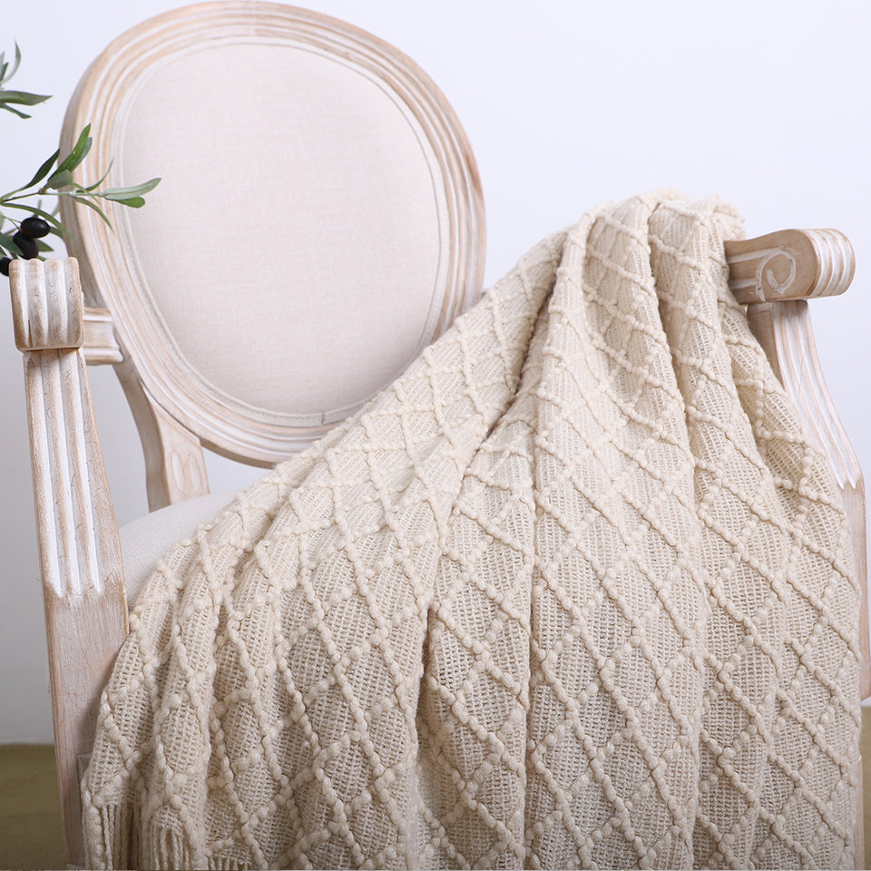 SOGA 2X Beige Diamond Pattern Knitted Throw Blanket Warm Cozy Woven Cover Couch Bed Sofa Home Decor with Tassels