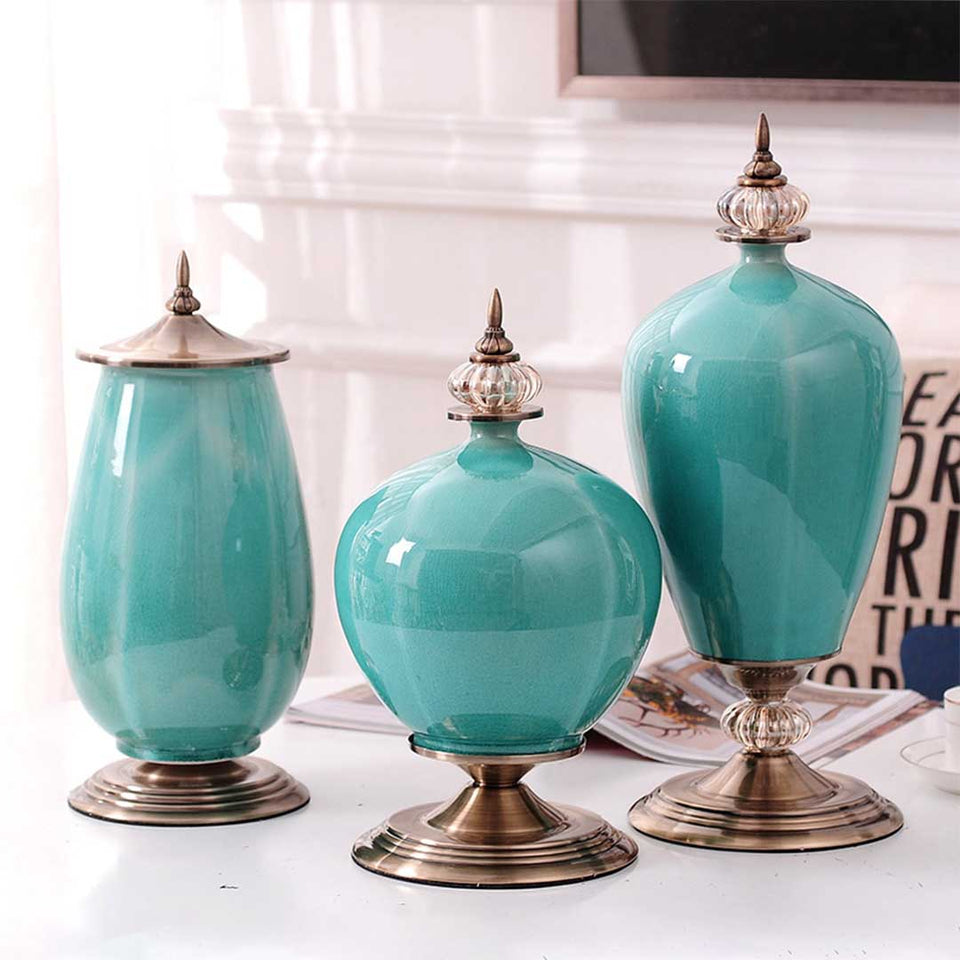 SOGA 42cm Ceramic Oval Flower Vase with Gold Metal Base Green