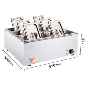 SOGA Stainless Steel 6 X 1/3 GN Pan Electric Bain-Marie Food Warmer with Lid