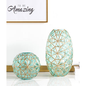 SOGA Green Colored Diamond Cut Glass Flower Vase Round Jar Home Decor with Gold Accent