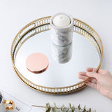 SOGA 32cm Gold Round Ornate Mirror Glass Metal Tray Vanity Makeup Perfume Jewelry Organiser with Handles