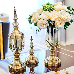 SOGA 2 x Clear Glass Flower Vase with Lid and Transparent Filler Vase Gold Set