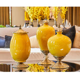 SOGA 2x 40cm Ceramic Oval Flower Vase with Gold Metal Base Yellow