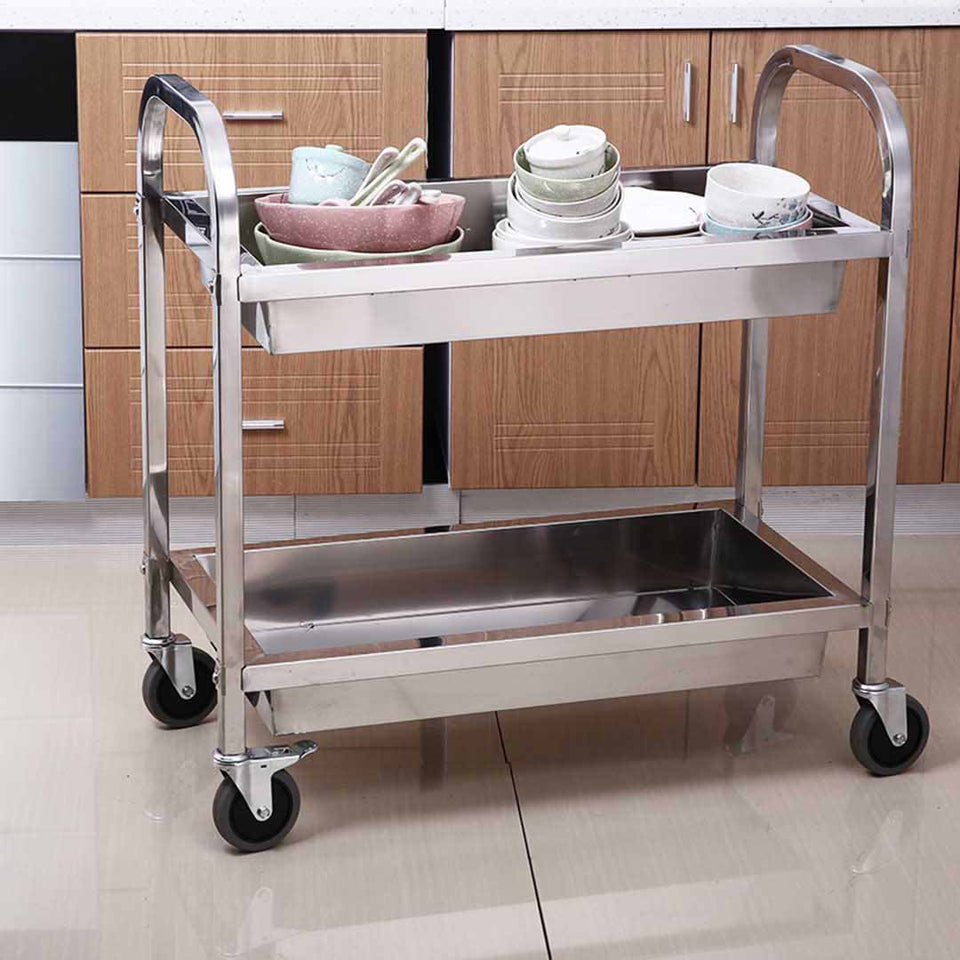 SOGA 2 Tier Stainless Steel Kitchen Trolley Bowl Collect Service Food Cart 85x45x90cm Medium