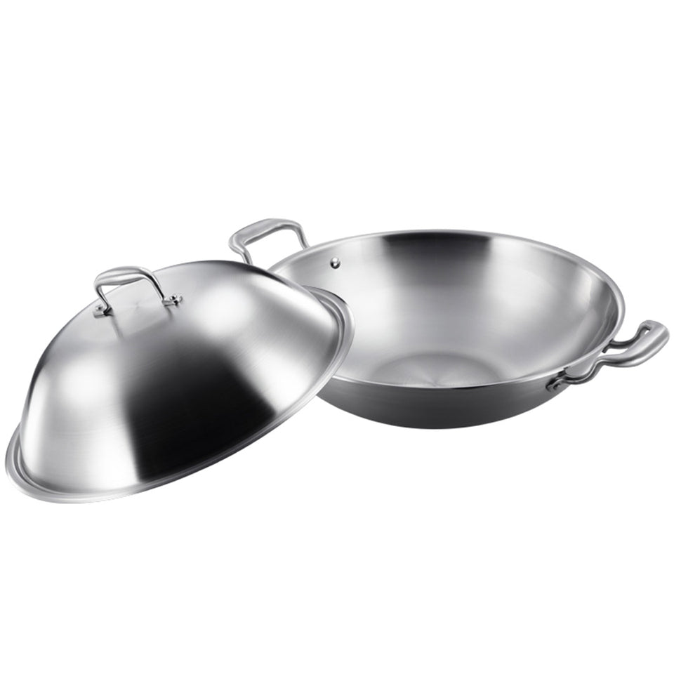 SOGA 3-Ply 42cm Stainless Steel Double Handle Wok Frying Fry Pan Skillet with Lid