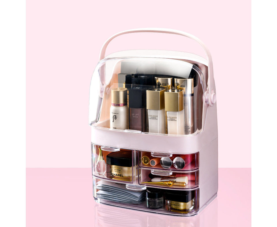 SOGA 2X 3 Tier Pink Countertop Makeup Cosmetic Storage Organiser Skincare Holder Jewelry Storage Box with Handle