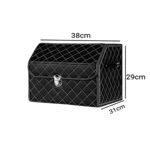 SOGA 2X Leather Car Boot Collapsible Foldable Trunk Cargo Organizer Portable Storage Box Black/White Stitch with Lock Small