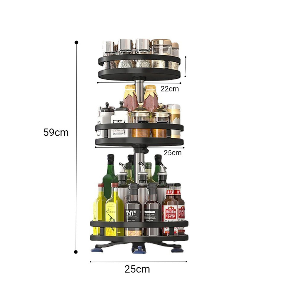 SOGA 3 Tier Steel Black Round Rotating Multi-Function Kitchen Portable Storage Spice Seasoning Kitchen Countertop Organiser Shelf