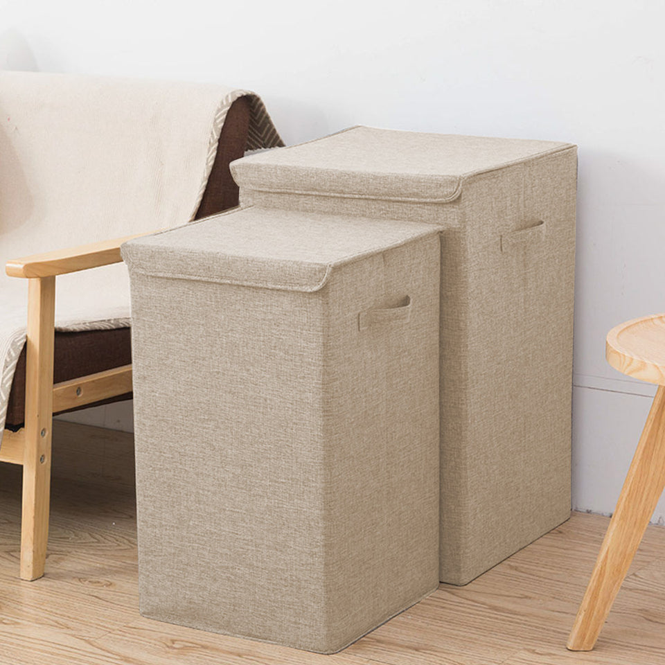 SOGA 2X Beige Medium Collapsible Laundry Hamper Storage Box Foldable Canvas Basket Home Organiser Decor