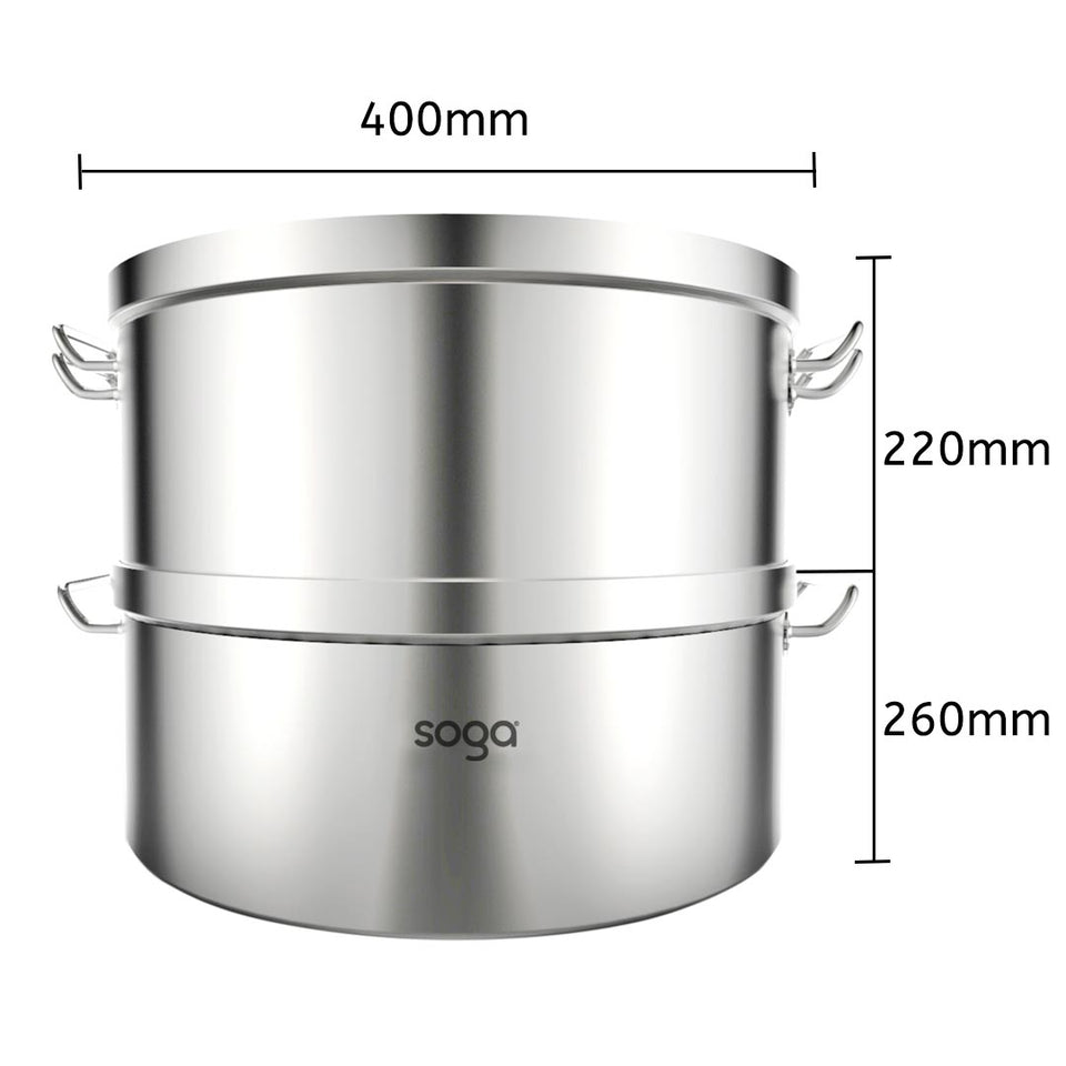 SOGA Commercial 304 Stainless Steel Steamer With 2 Tiers Top Food Grade 40*26cm