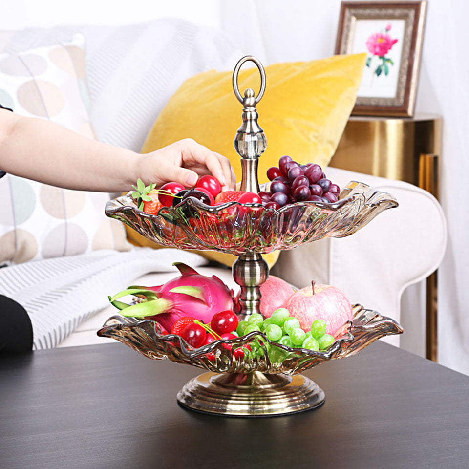 SOGA 2 Tier Bronze Lotus Vertex Crystal Glass Fruit Bowl Candy Holder Countertop Dessert Serving Basket Decor