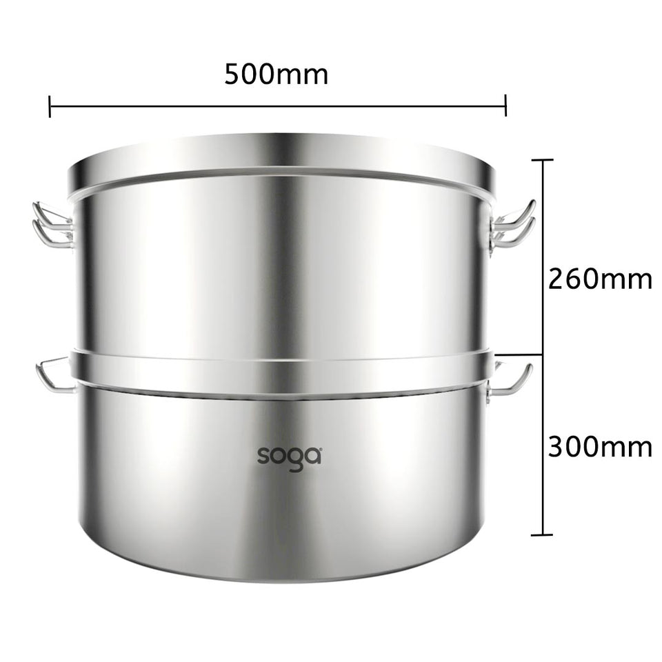 SOGA Commercial 304 Stainless Steel Steamer With 2 Tiers Top Food Grade 50*30cm
