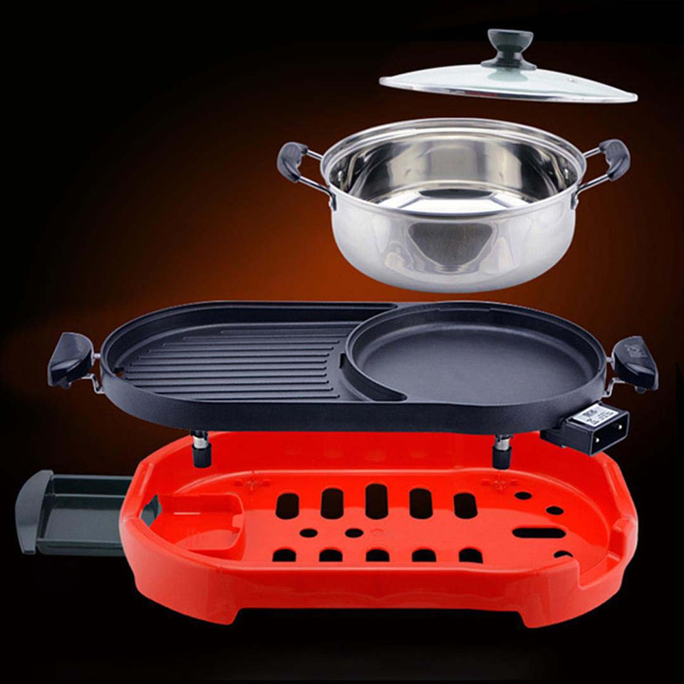 SOGA 2X 2 in 1 BBQ Electric Pan Grill Teppanyaki Stainless Steel Hot Pot Steamboat Red