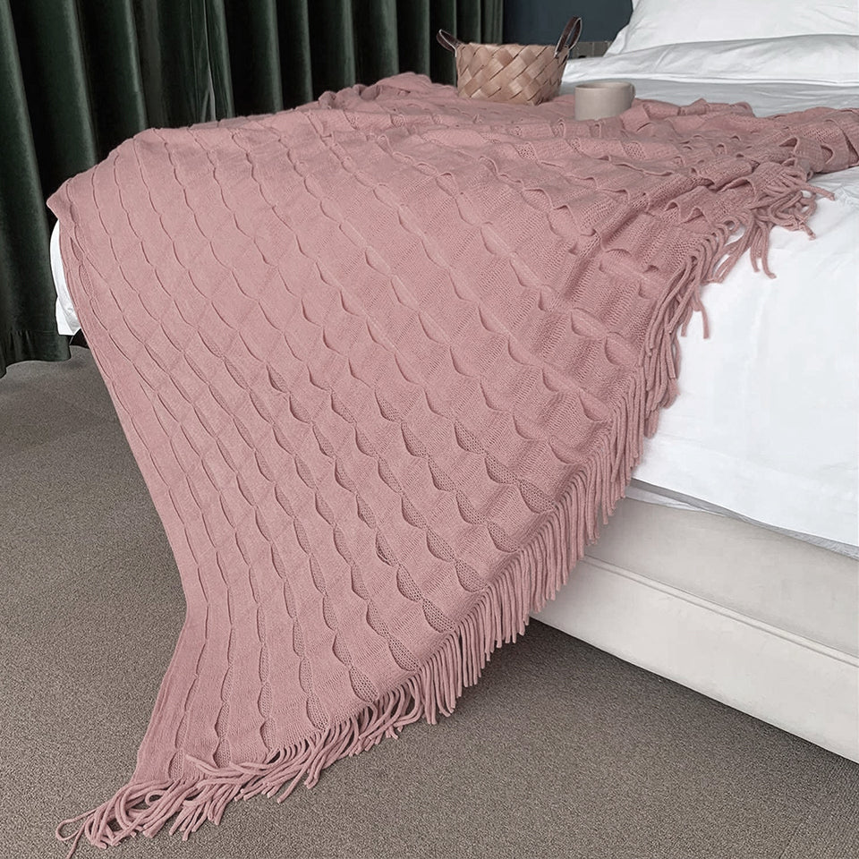 SOGA 2X Pink Textured Knitted Throw Blanket Warm Cozy Woven Cover Couch Bed Sofa Home Decor with Tassels