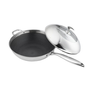 SOGA 2X 18/10 Stainless Steel Fry Pan 32cm Frying Pan Top Grade Non Stick Interior Skillet with Helper Handle and Lid