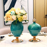 SOGA 38cm Ceramic Oval Flower Vase with Gold Metal Base Dark Blue