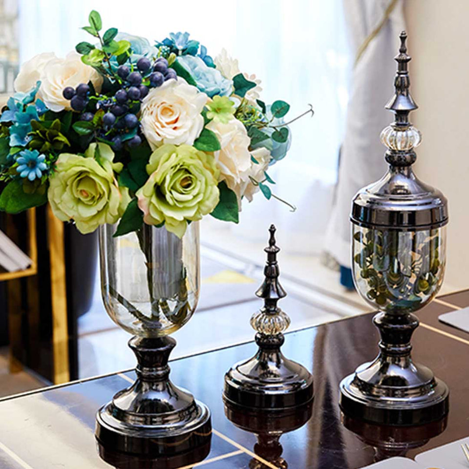 SOGA 2 x Clear Glass Flower Vase with Lid and Transparent Filler Vase Black Set