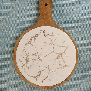 SOGA 30cm White Circle Wooden Serving Tray Slate Steak Serving Platter Chopping Board Paddle Home Decor