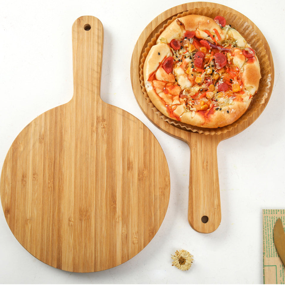 SOGA 11 inch Blonde Round Premium Wooden Serving Tray Board Paddle with Handle Home Decor