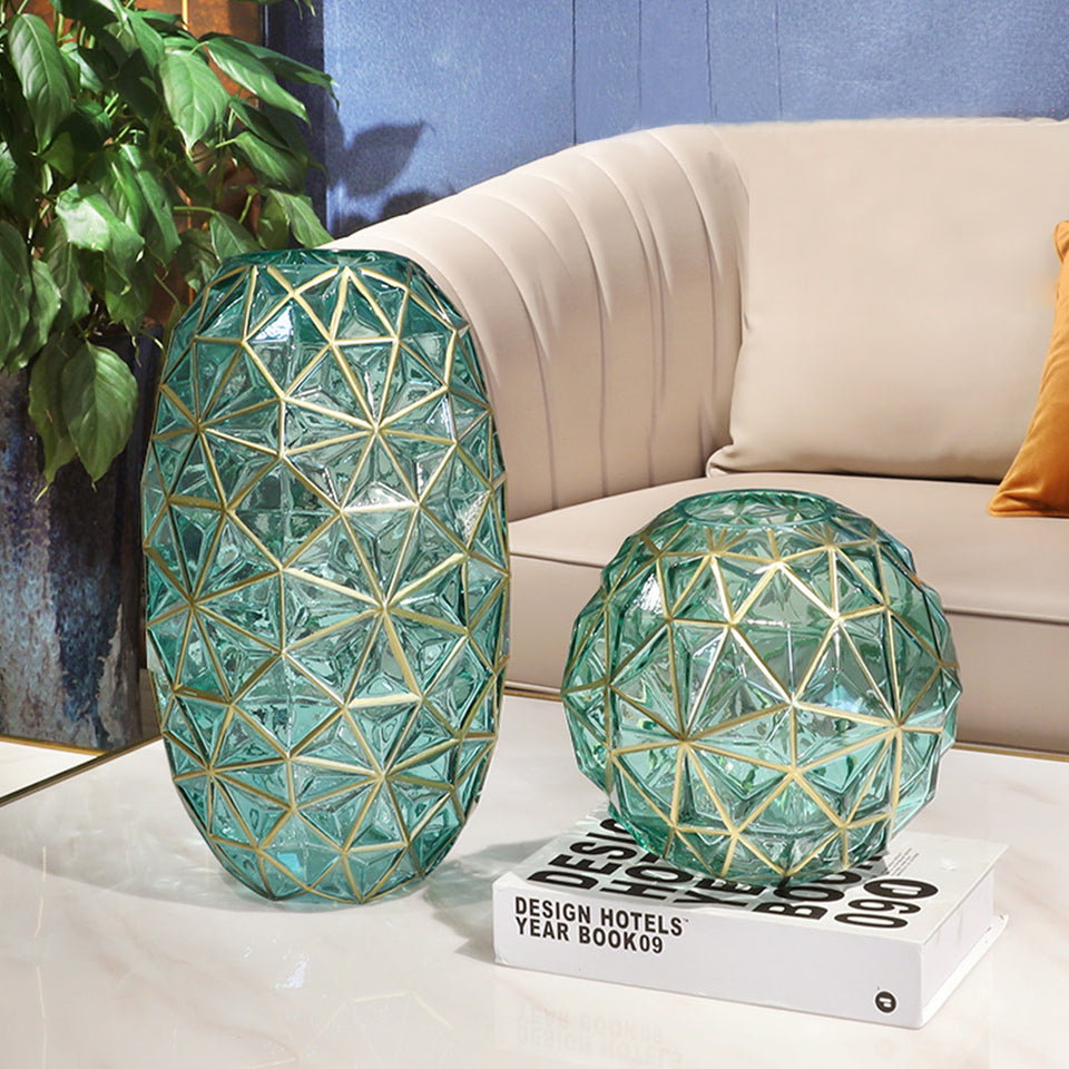 SOGA Green Colored Diamond Cut Glass Flower Vase Round Jar Home Decor with Gold Accent