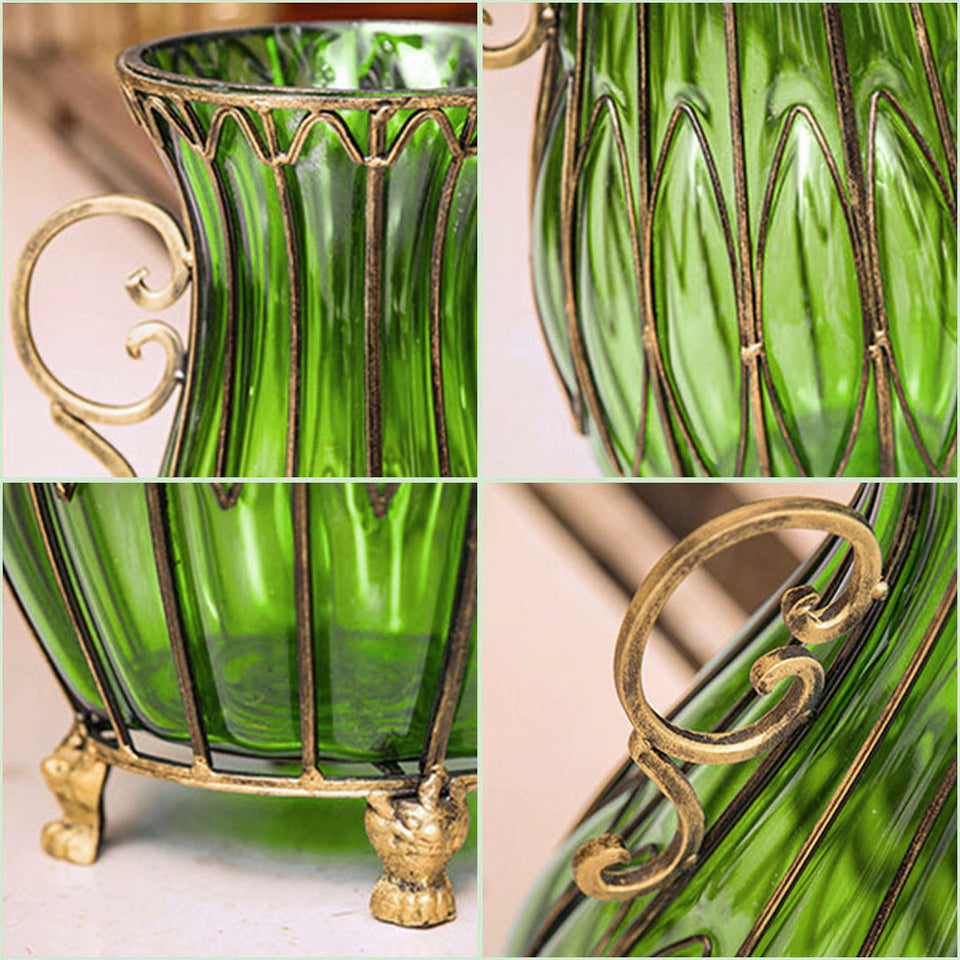 SOGA 51cm Green Glass Tall Floor Vase with 12pcs Pink Artificial Fake Flower Set