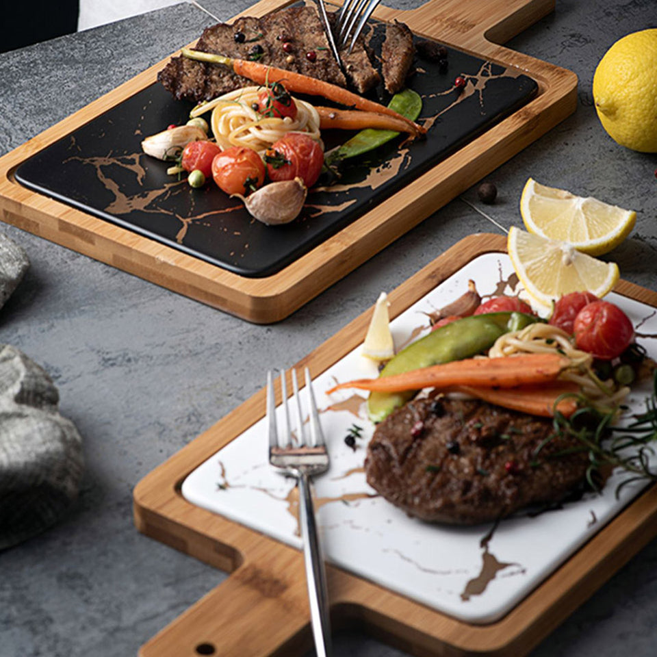 SOGA 2X 33.5cm White Square Wooden Serving Tray Slate Steak Serving Platter Chopping Board Paddle Home Decor