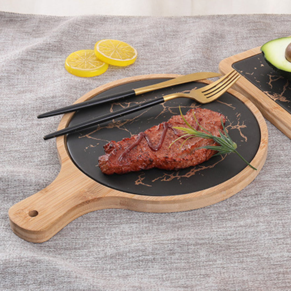 SOGA 30cm Black Circle Wooden Serving Tray Slate Steak Serving Platter Chopping Board Paddle Home Decor
