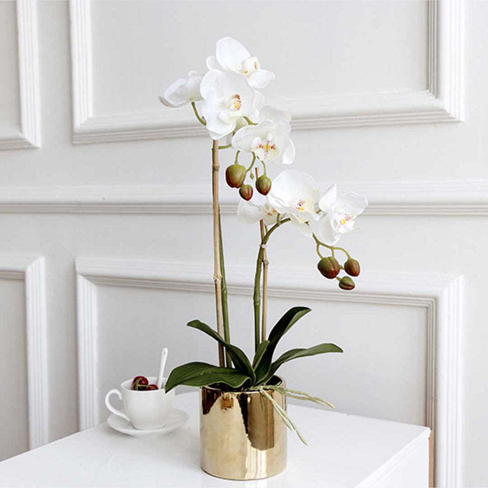 SOGA White Artificial Fake Orchid Flower in Copper Metal Vase Set
