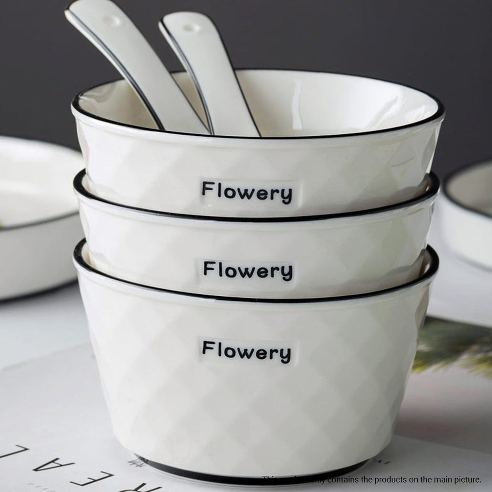 SOGA Diamond Pattern Ceramic Dinnerware Set Crockery Soup Bowl Plate Server Kitchen Home Decor Set of 4
