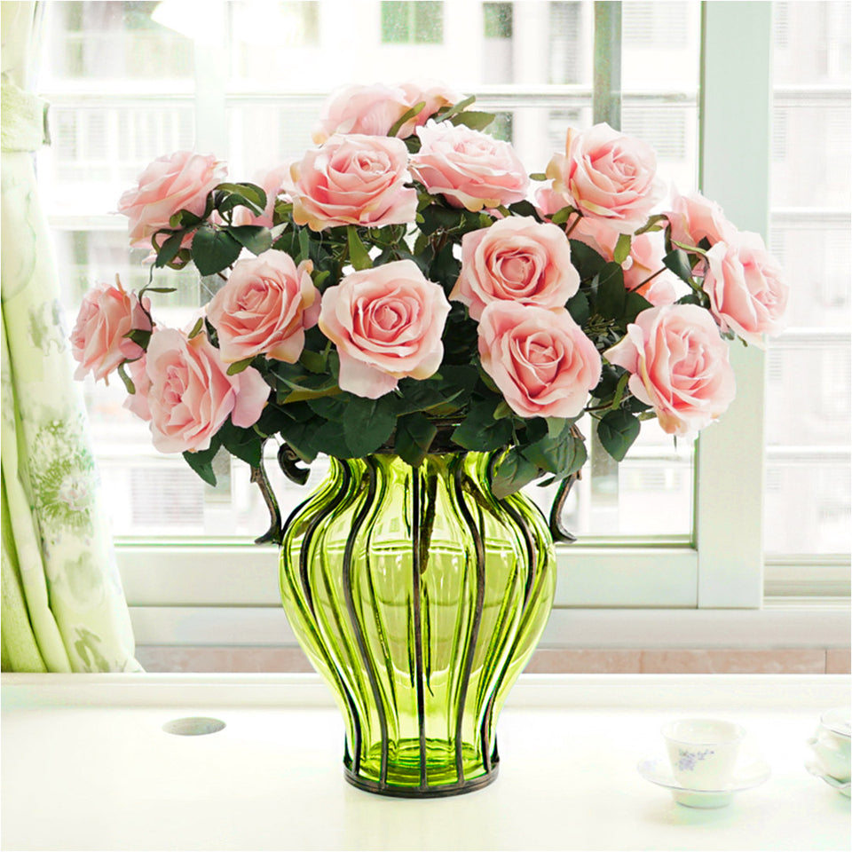 SOGA Green Colored Glass Flower Vase with 4 Bunch 9 Heads Artificial Fake Silk Rose Home Decor Set