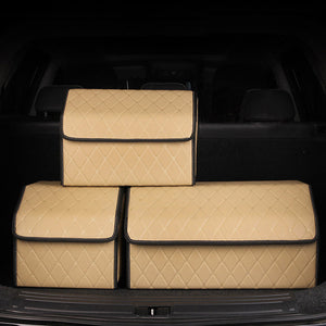 SOGA 2X Leather Car Boot Collapsible Foldable Trunk Cargo Organizer Portable Storage Box Beige/Gold Stitch Large