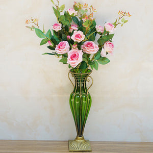 SOGA Green Colored Glass Flower Vase with 6 Bunch 5 Heads Artificial Fake Silk Rose Home Decor Set
