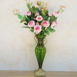 SOGA Green Colored Glass Flower Vase with 6 Bunch 5 Heads Artificial Fake Silk Rose Home Decor Set