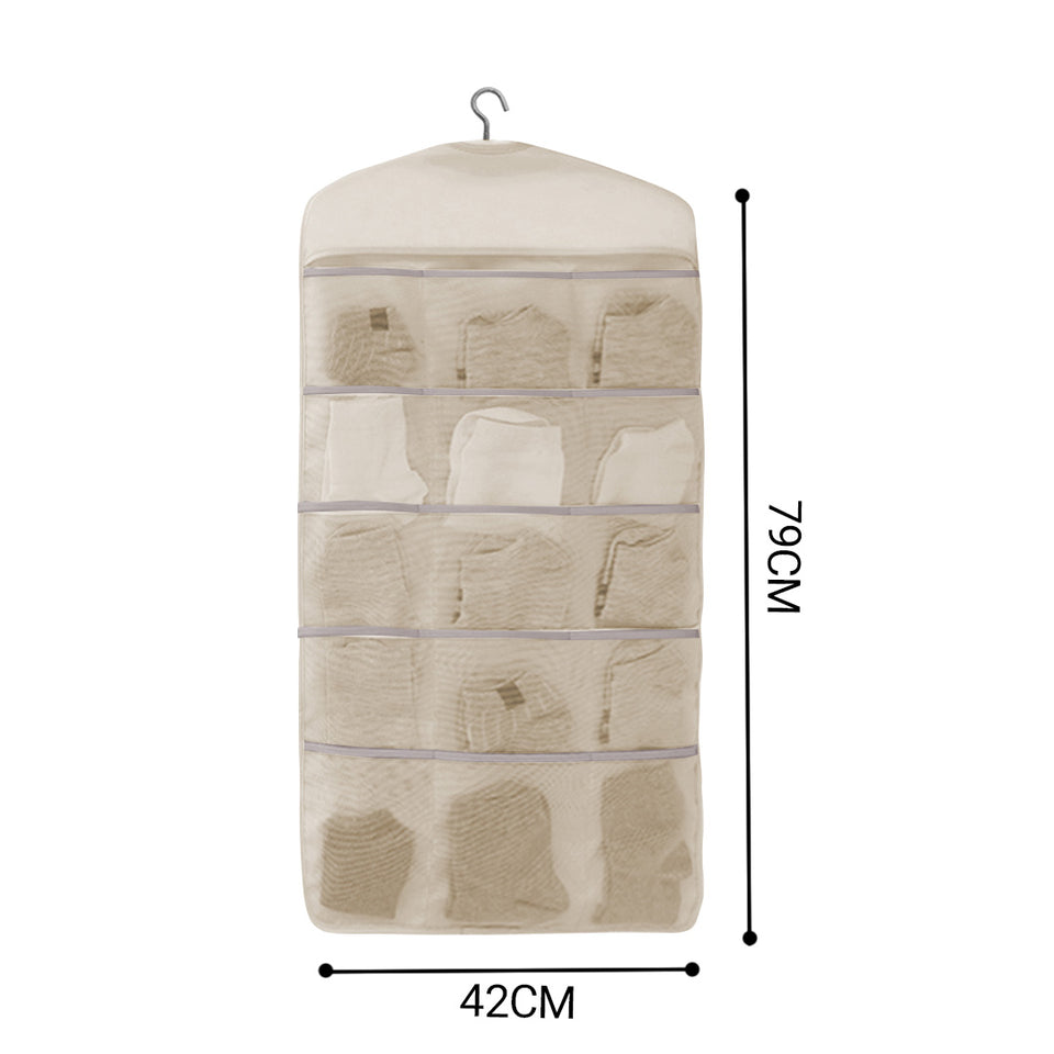 SOGA 2X Beige Double Sided Hanging Storage Bag Underwear Bra Socks Mesh Pocket Hanger Home Organiser