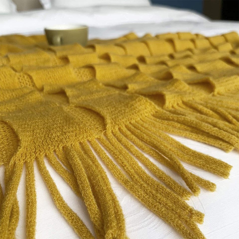 SOGA Mustard Textured Knitted Throw Blanket Warm Cozy Woven Cover Couch Bed Sofa Home Decor with Tassels