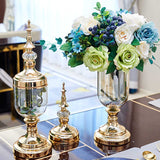 SOGA 2 x Clear Glass Flower Vase with Lid and Transparent Filler Vase Gold Set