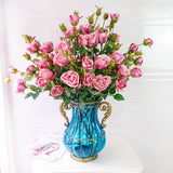 SOGA Blue Colored Glass Flower Vase with 10 Bunch 6 Heads Artificial Fake Silk Rose Home Decor Set