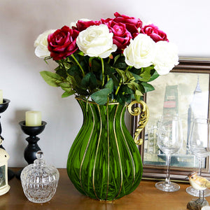 SOGA Green European Colored Glass Home Decor Jar Flower Vase with Metal Handle