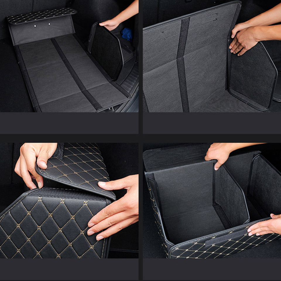 SOGA 4X Leather Car Boot Collapsible Foldable Trunk Cargo Organizer Portable Storage Box Black/Gold Stitch Medium