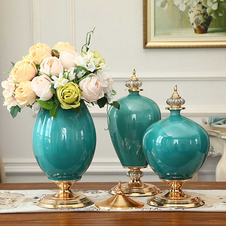 SOGA 42cm Ceramic Oval Flower Vase with Gold Metal Base Dark Blue