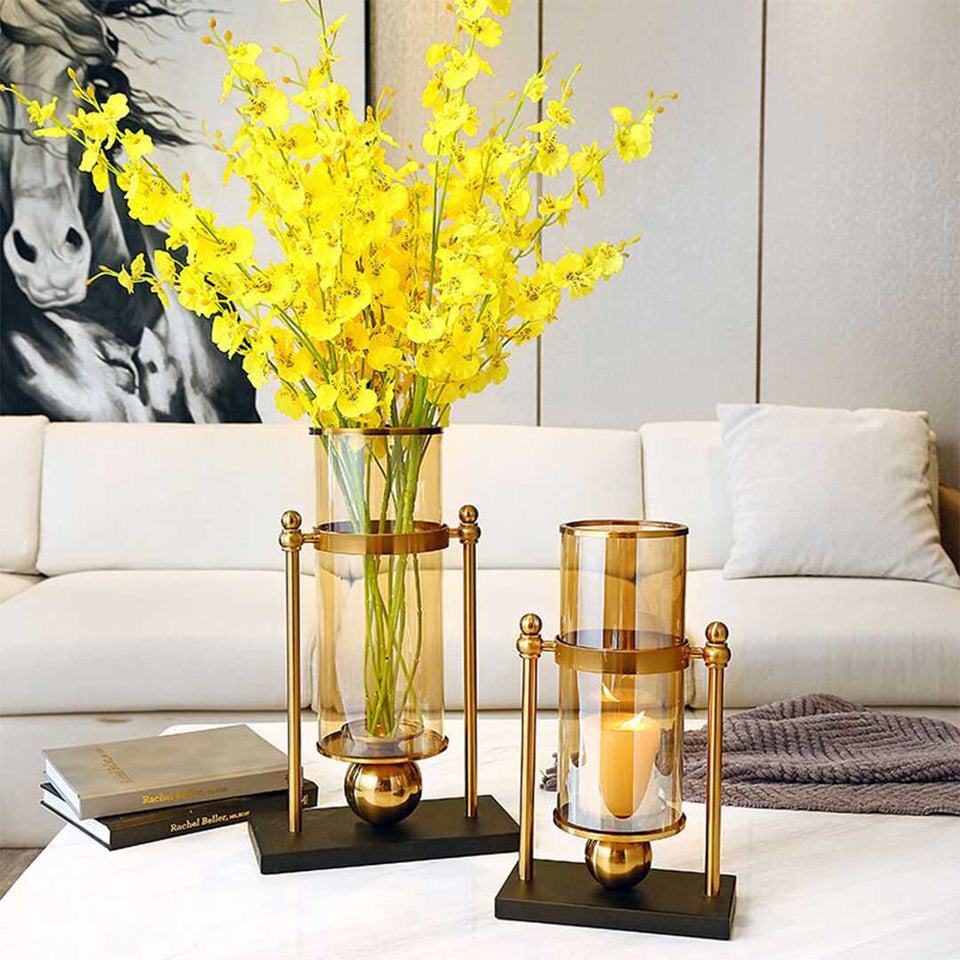 SOGA 42cm Modern Transparent Glass Flower Vase with Yellow Artificial Flower