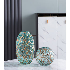 SOGA Green Colored Diamond Cut Glass Flower Vase Round Jar Home Decor with Gold Accent