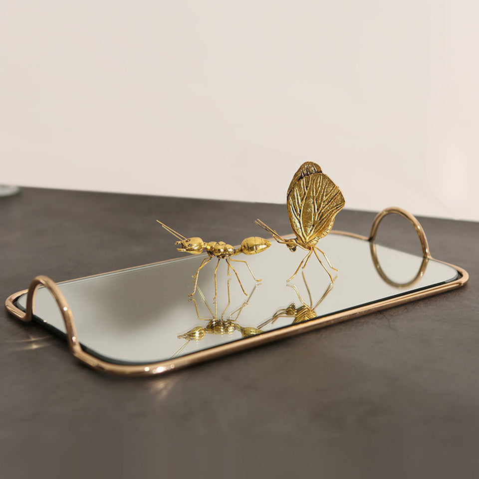 SOGA 40.5cm Gold Flat-Lay Mirror Glass Metal Tray Vanity Makeup Perfume Jewelry Organiser with Handles