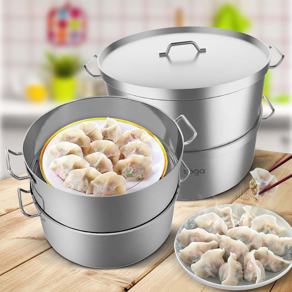 SOGA 2X Commercial 304 Stainless Steel Steamer With 2 Tiers Top Food Grade 35*22cm